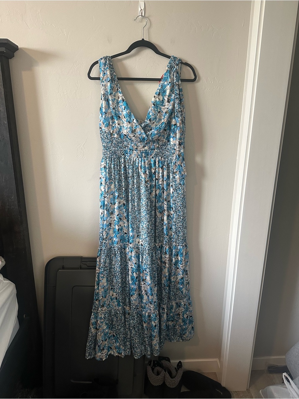 Blue Floral Surplice Maxi Dress with Smocked Waist